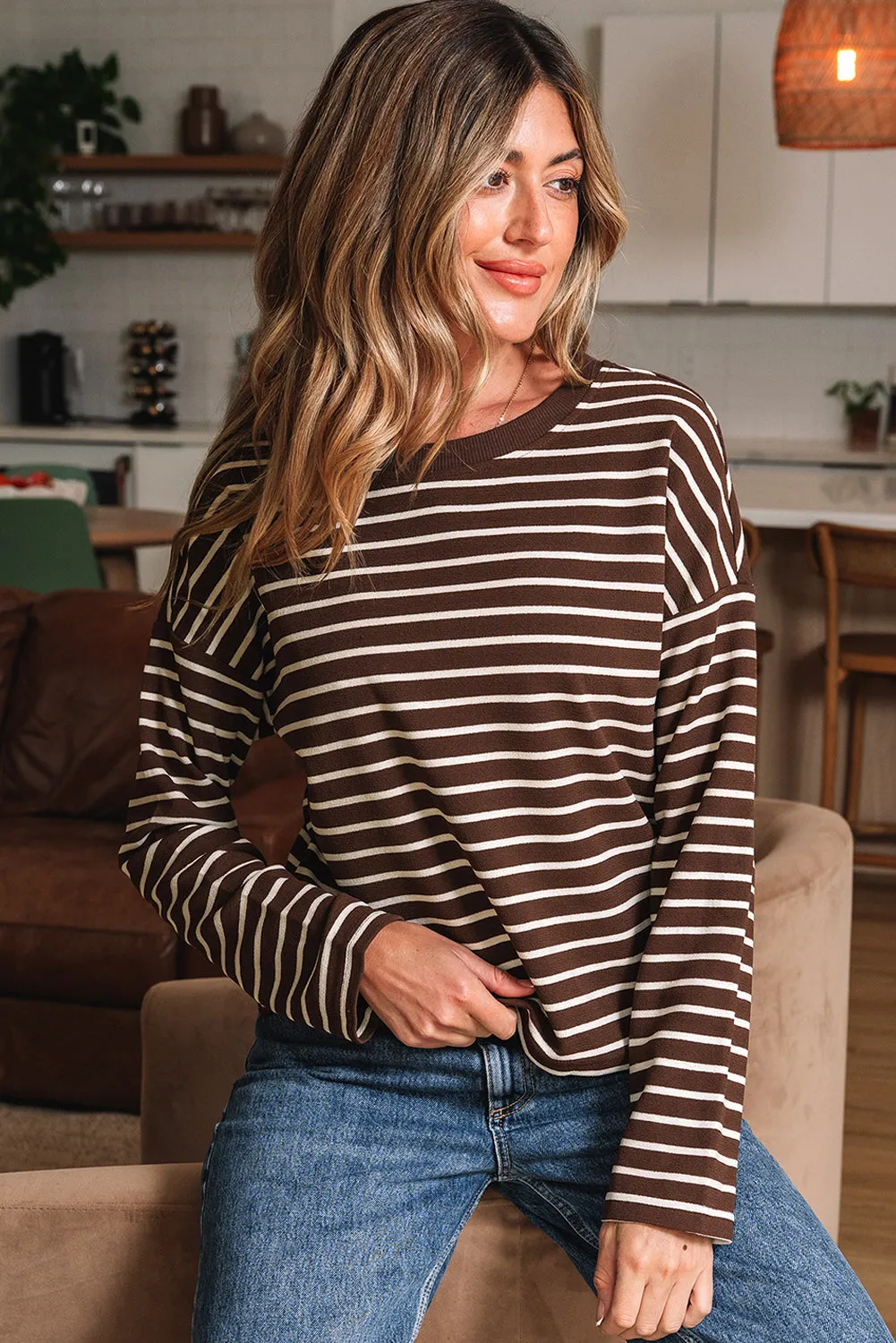 Threaded Pear Ember Stripe Ribbed Cropped Crew Neck Top sold by Zulily product image thumbnail 4