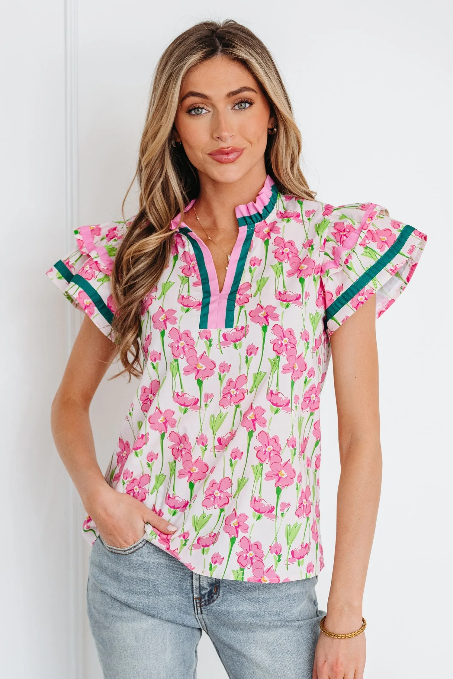 Threaded Pear Elyse Ruffled Short Sleeve Blouse sold by Zulily