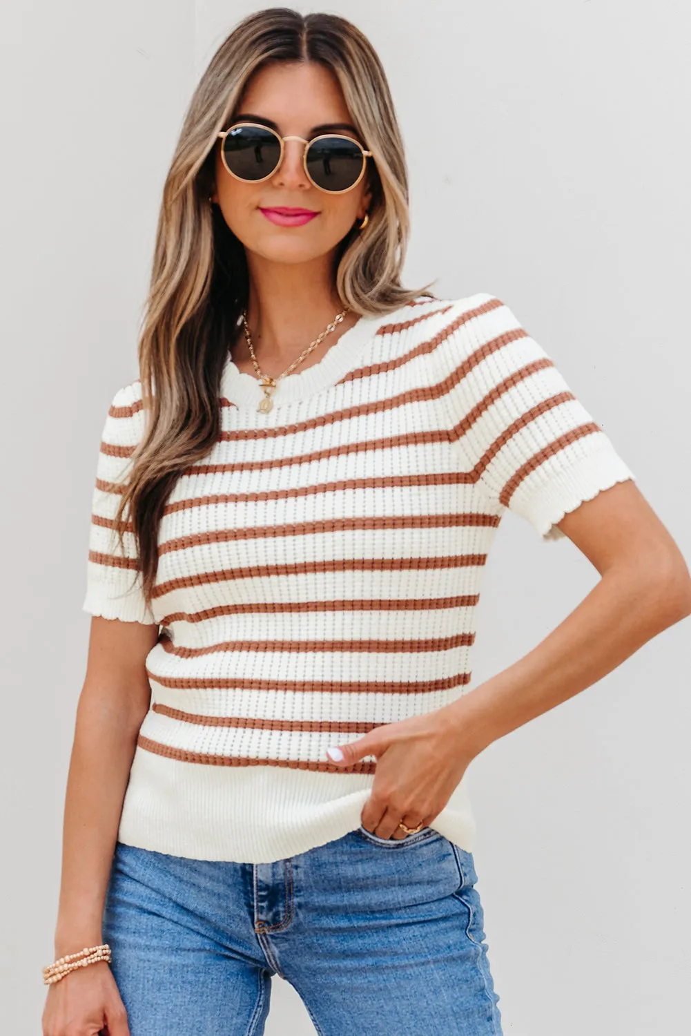Threaded Pear Eloise Stripe Scalloped Round Neck Short Sleeve Sweater sold by Zulily