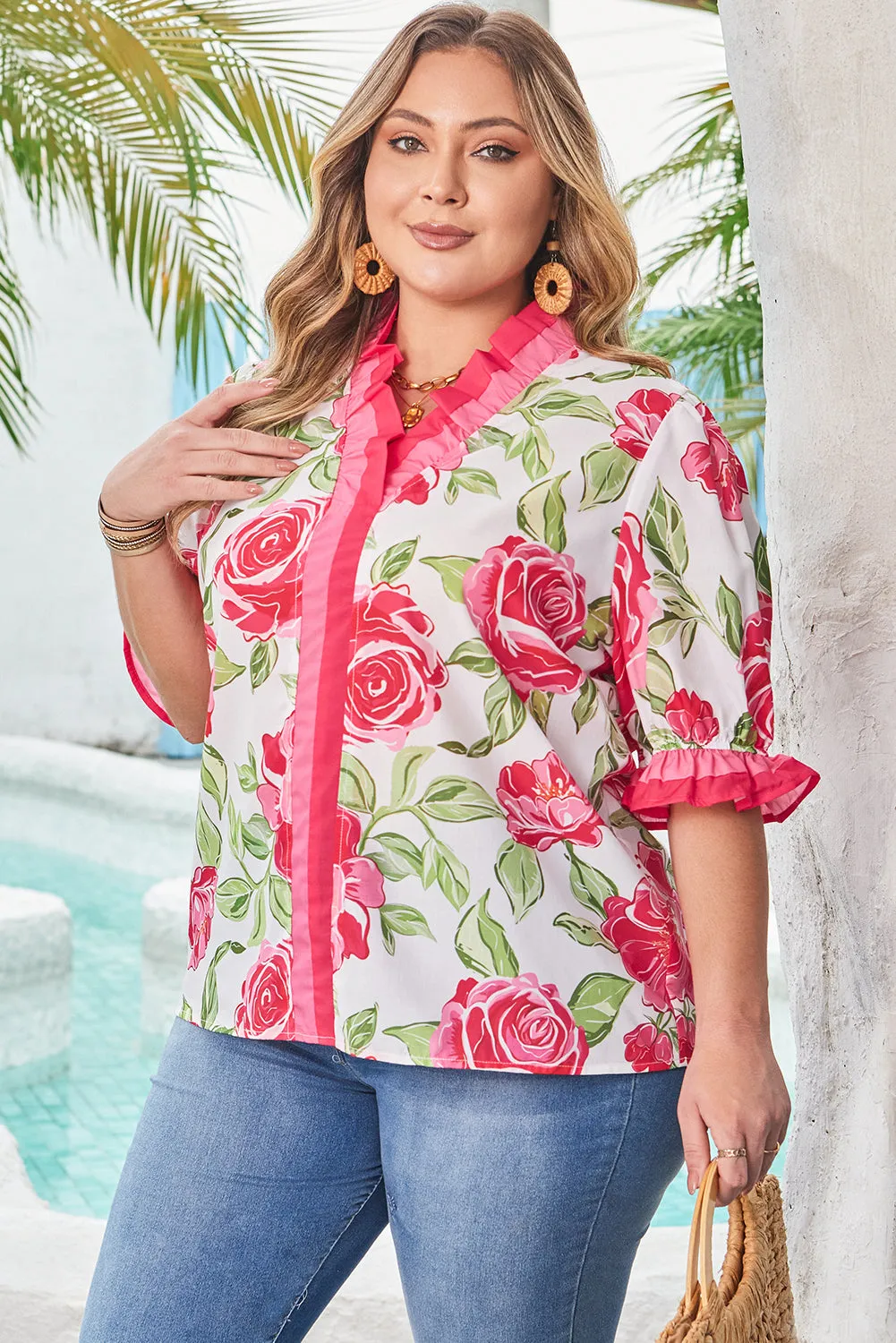 Threaded Pear Elise Plus Size Floral Frilled Stripes Blouse sold by Zulily product image thumbnail 3