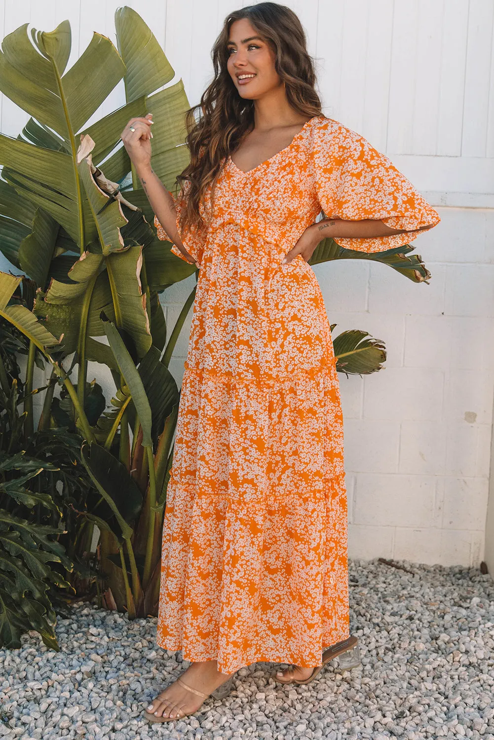 Threaded Pear Eileen Floral V Neck Wide Sleeve Maxi Dress sold by Zulily product image thumbnail 3
