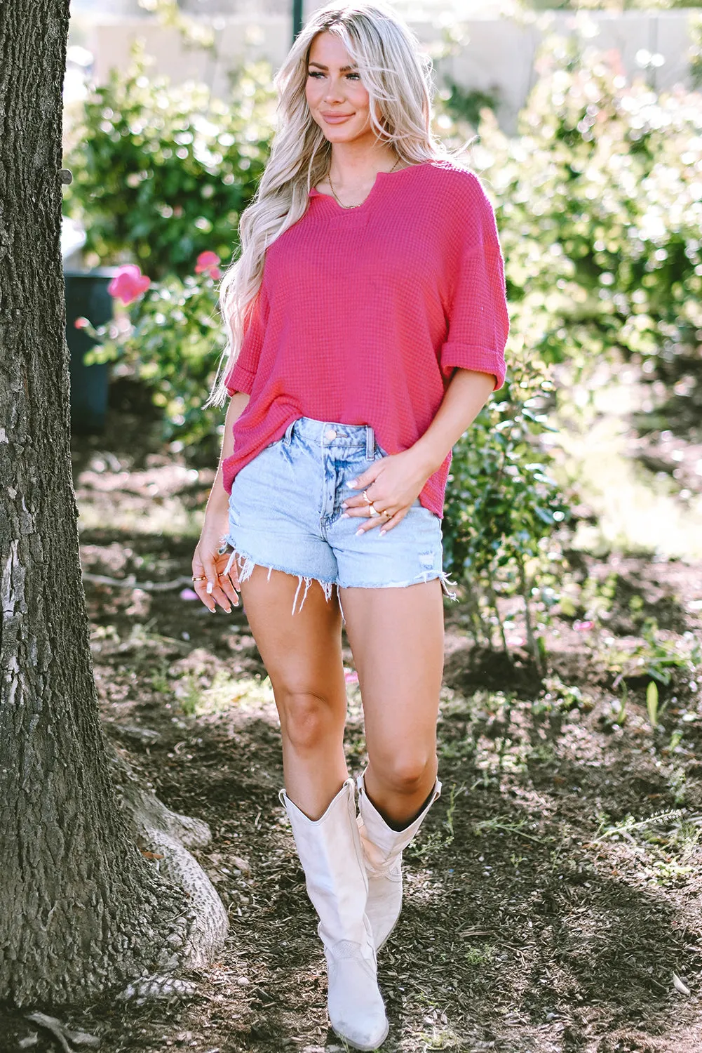 Threaded Pear Delilah Textured Knit Split Neck Cuffed Short Sleeve Top sold by Zulily product image thumbnail 3