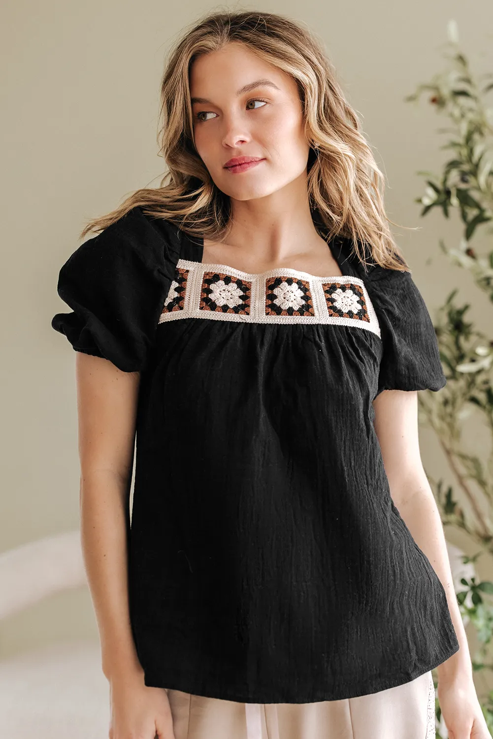 Threaded Pear DAVINA CROCHET SQUARE NECK TEXTURED SHORT SLEEVE BLOUSE sold by Zulily