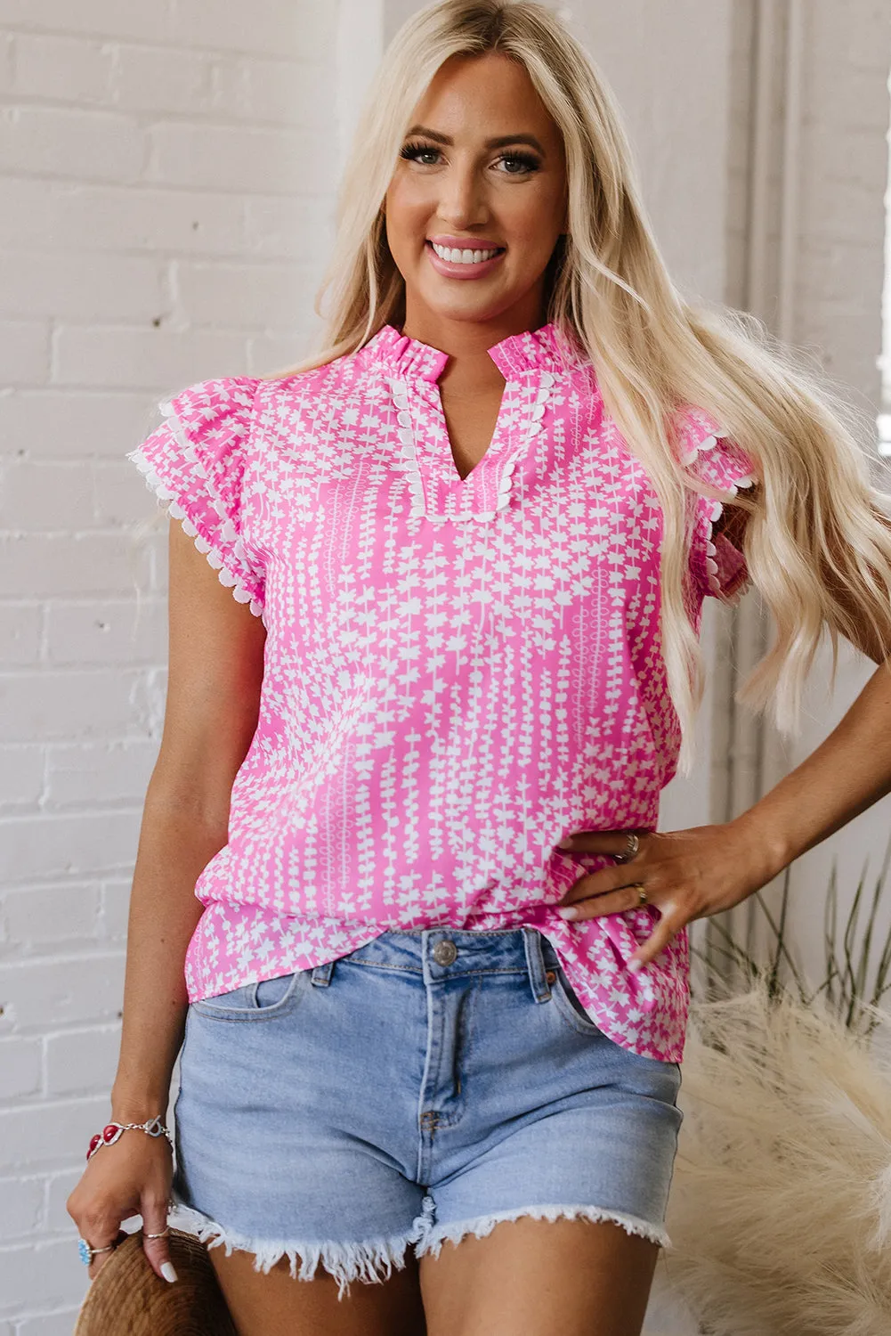 Threaded Pear Cynthia Ric Rac Trim Flutter Sleeve Notch V Neck Blouse sold by Zulily