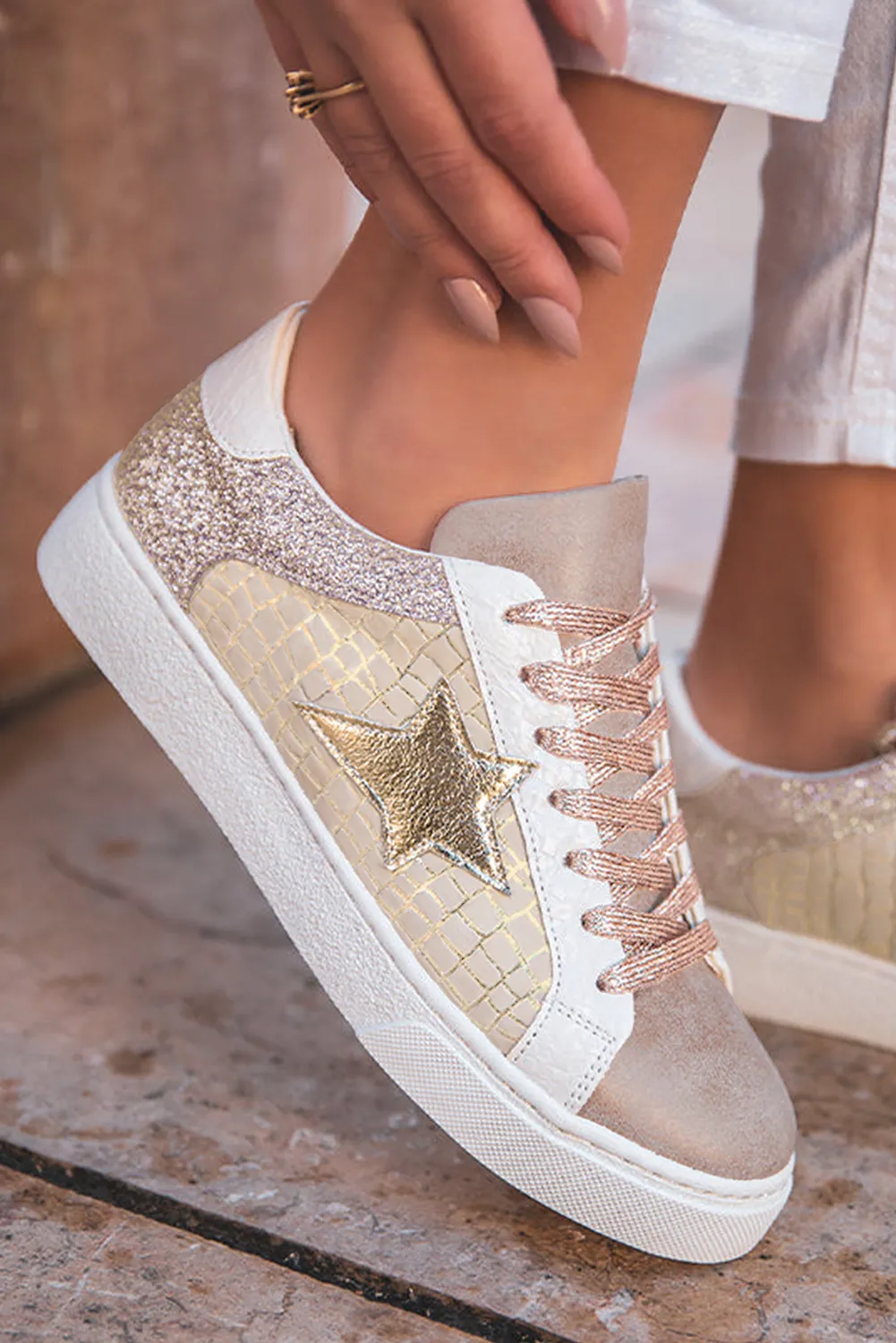 Threaded Pear Clare Gold Glitter Star Lace-up Sneakers sold by Zulily product image thumbnail 3