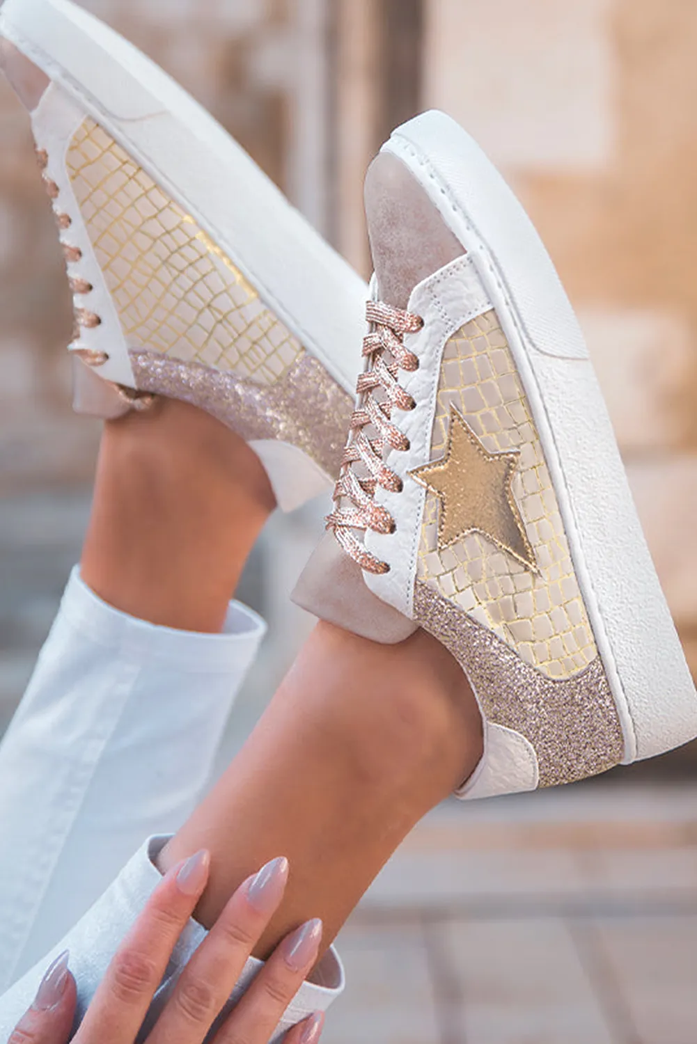 Threaded Pear Clare Gold Glitter Star Lace-up Sneakers sold by Zulily product image thumbnail 4