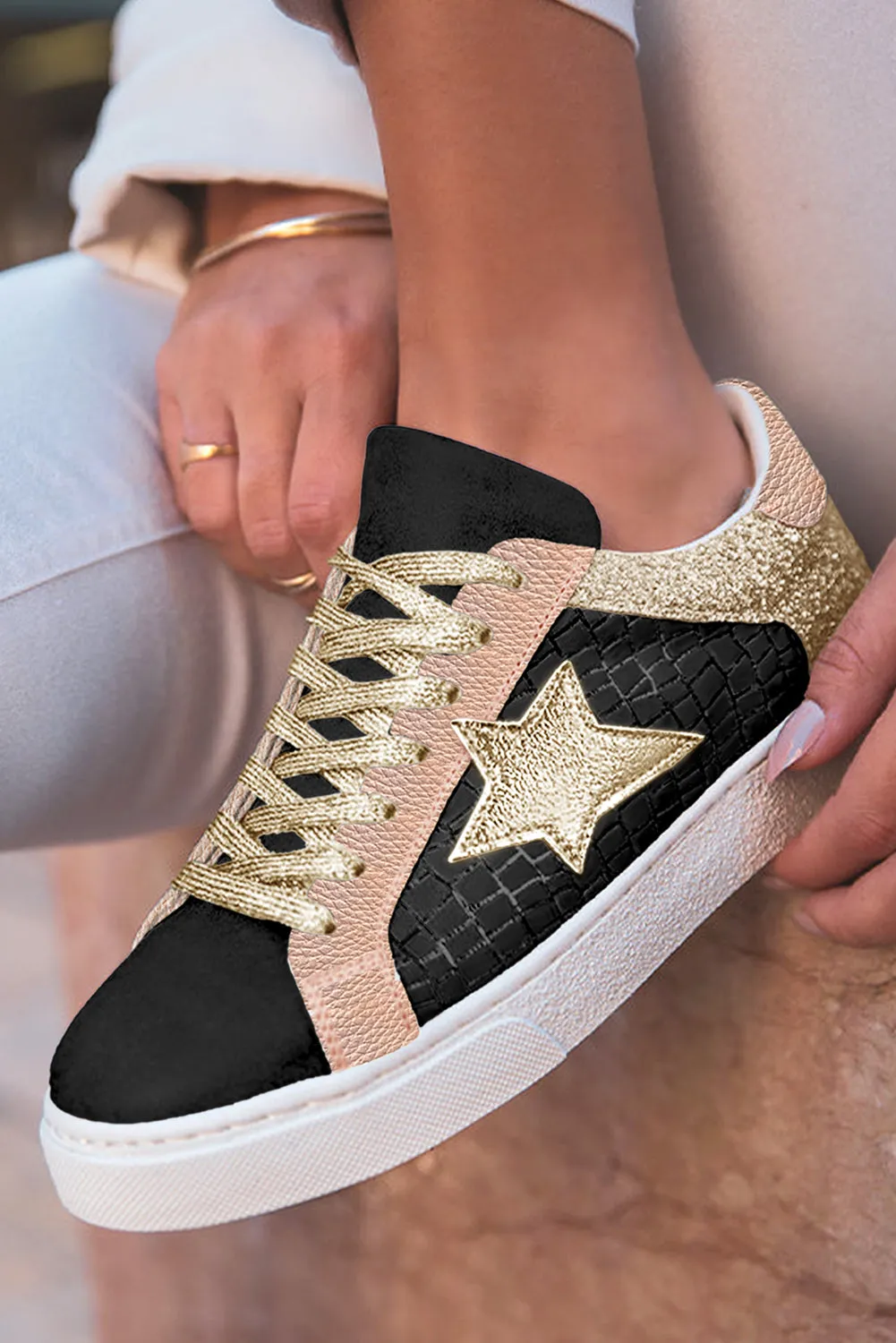 Threaded Pear Clare Gold Glitter Star Lace-up Sneakers sold by Zulily product image thumbnail 5