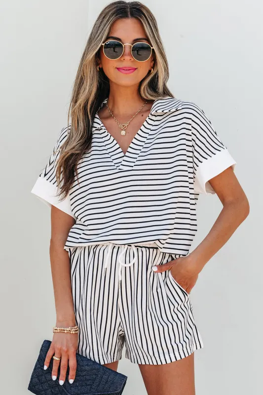 Threaded Pear Chloe Stripe V Neck Tee Short Set made by Threaded Pear