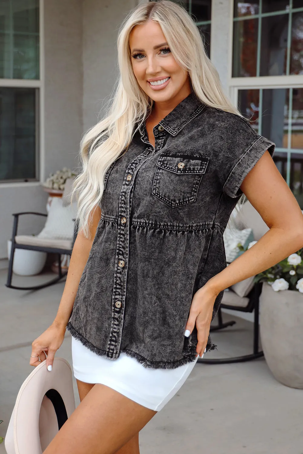 Threaded Pear Chaya Flap Pocket Button Up Raw Hem Denim Shirt sold by Zulily product image thumbnail 3