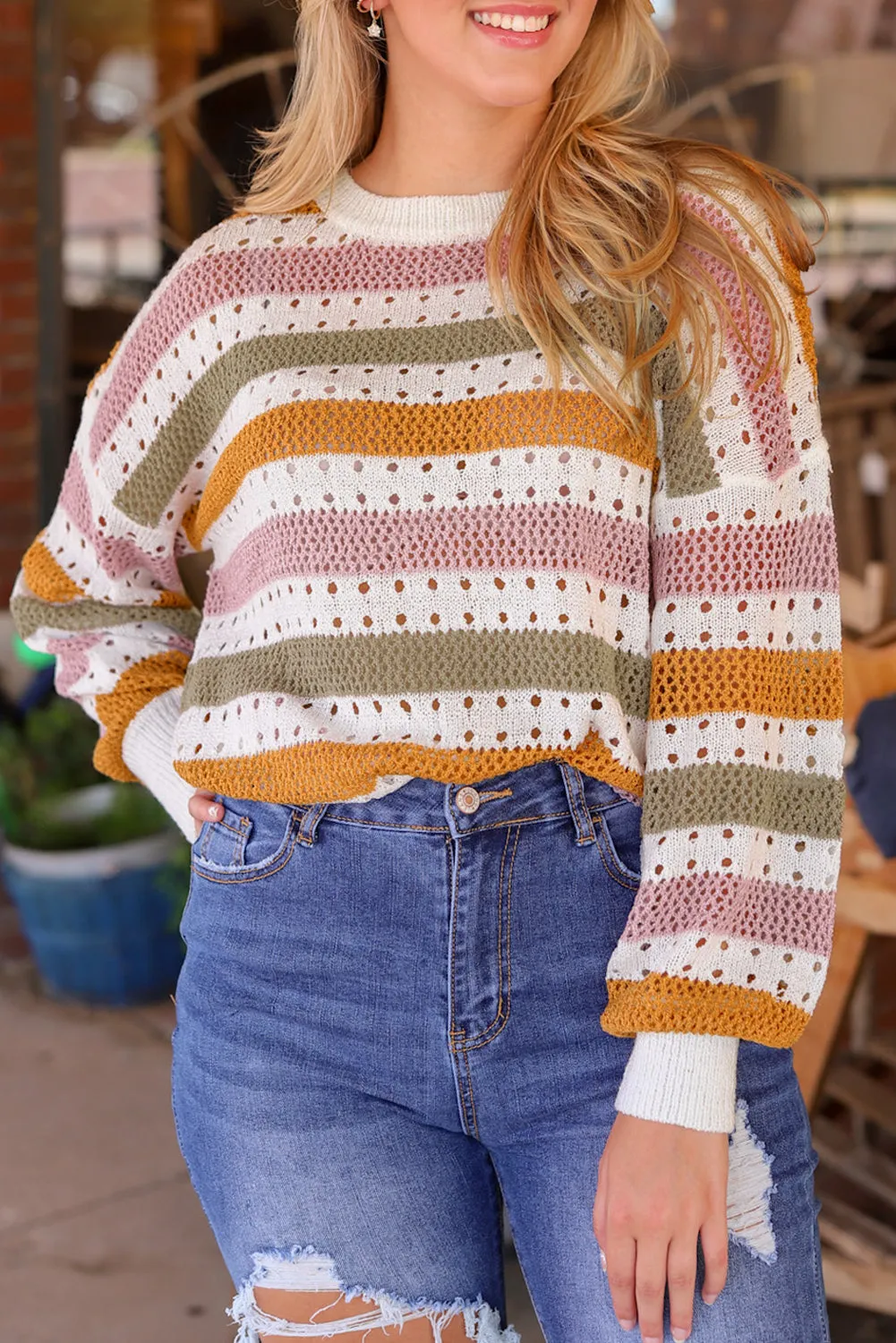 Threaded Pear Caroline Striped Hollowed Knitted Loose Sweater sold by Zulily
