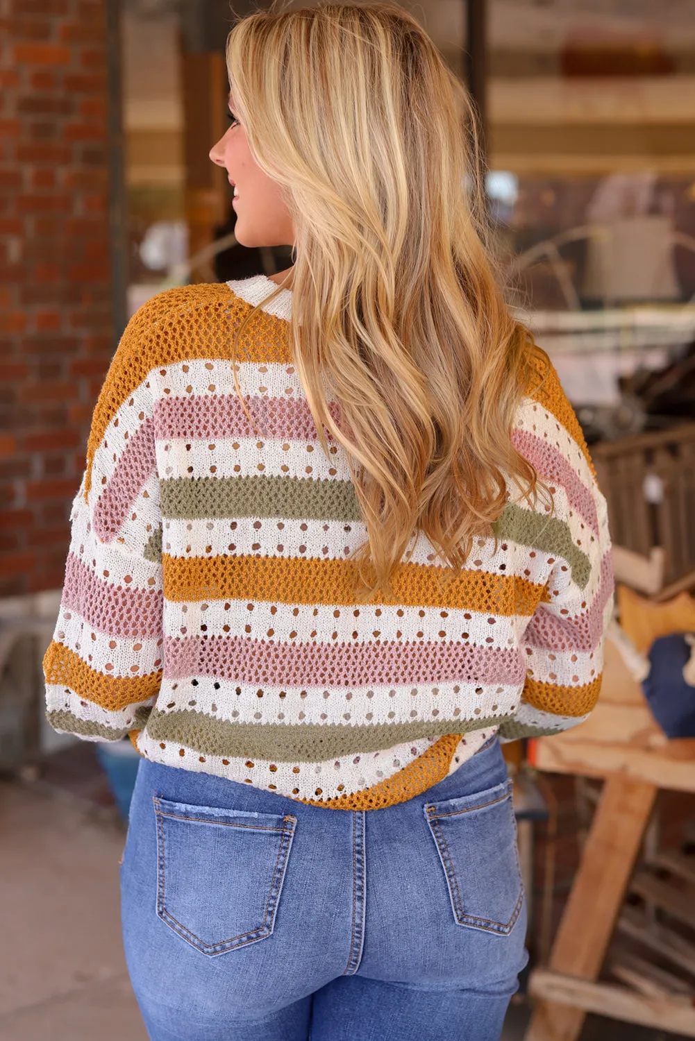 Threaded Pear Caroline Striped Hollowed Knitted Loose Sweater sold by Zulily product image thumbnail 2