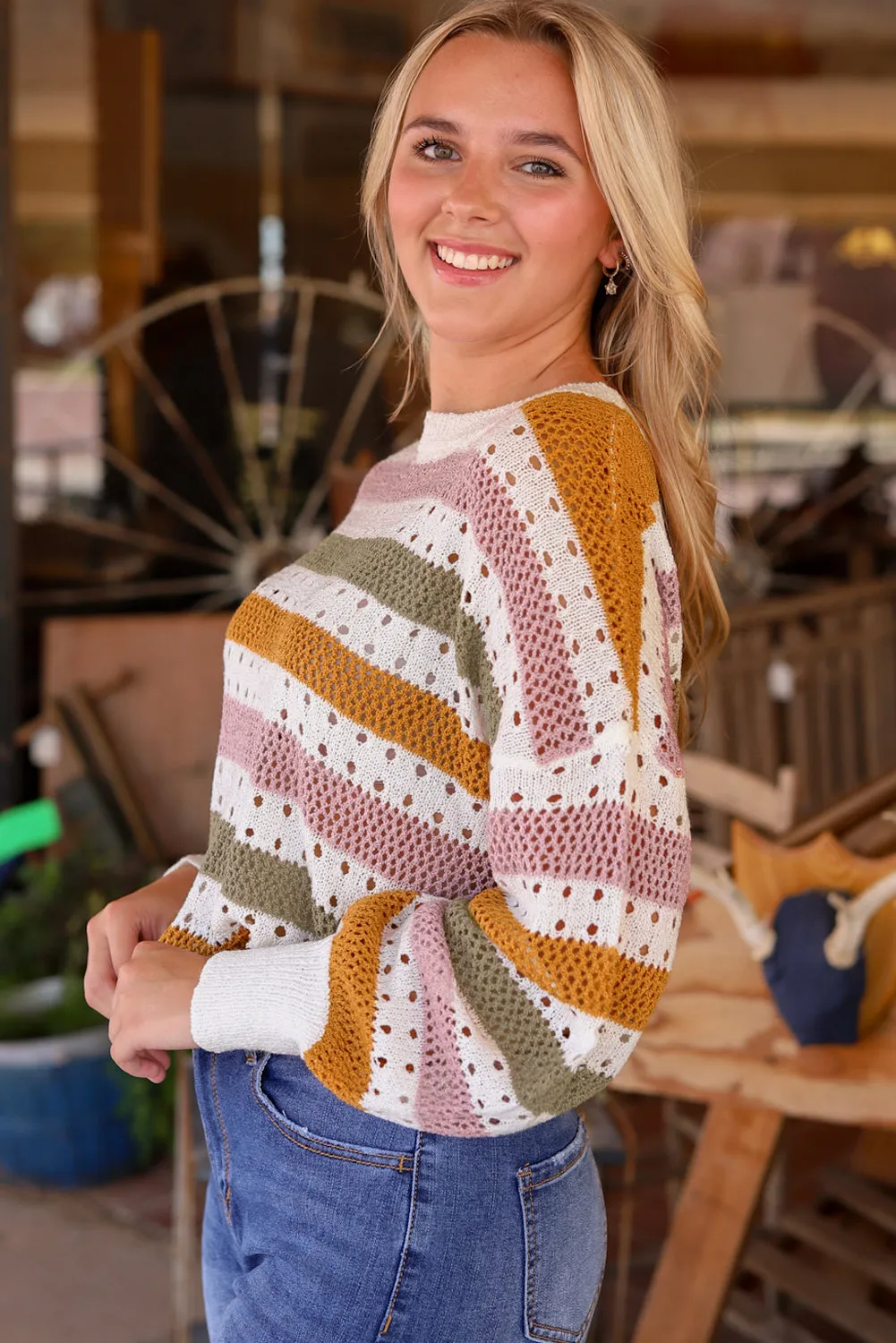 Threaded Pear Caroline Striped Hollowed Knitted Loose Sweater sold by Zulily product image thumbnail 3