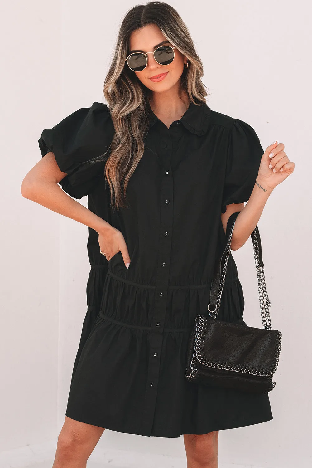 Threaded Pear Cassidy Button Down Puff Sleeve Ruffle Hem Dress sold by Zulily product image thumbnail 4