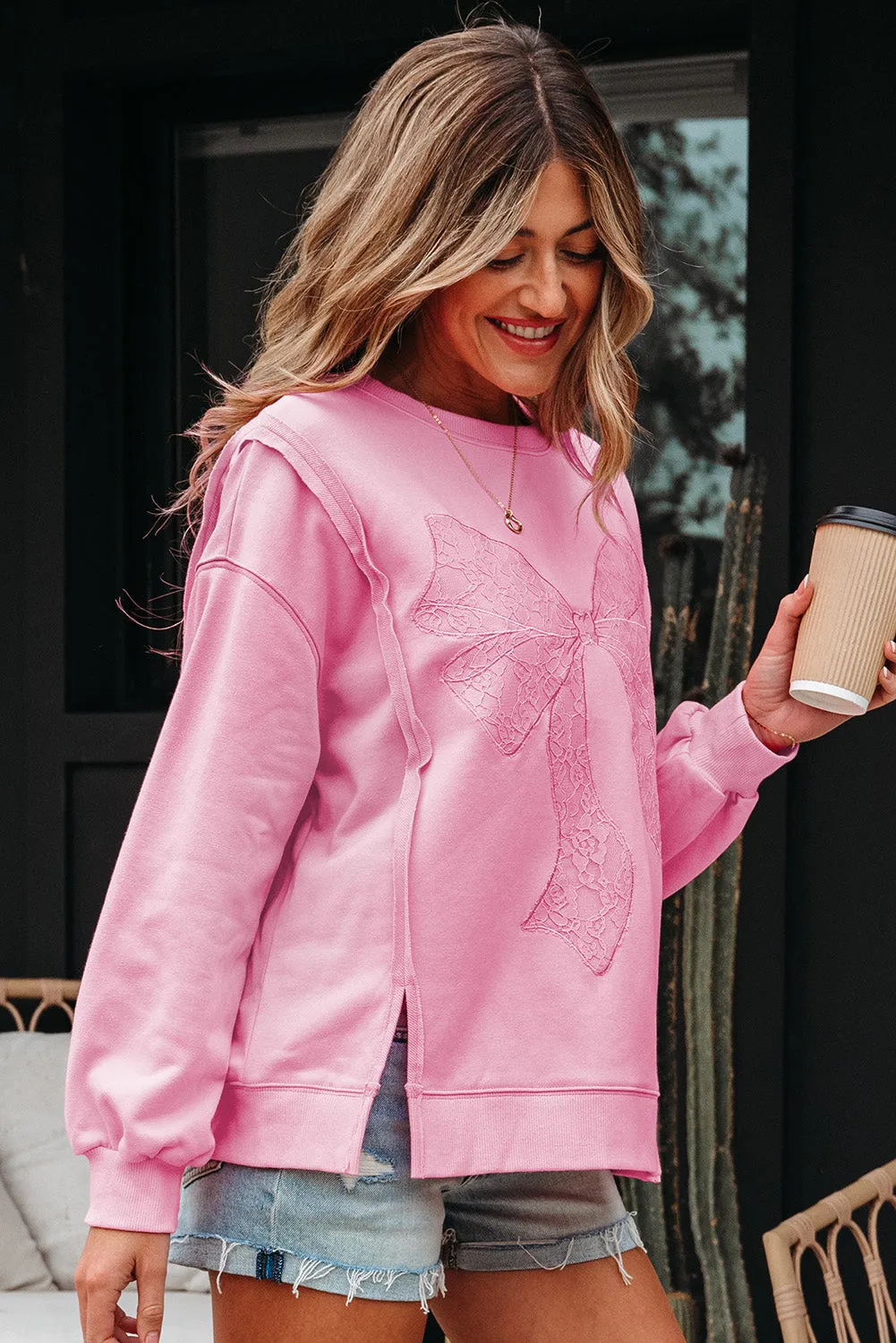 Threaded Pear Brianna Lace Bow Embroidered Exposed Seam Sweatshirt sold by Zulily product image thumbnail 3