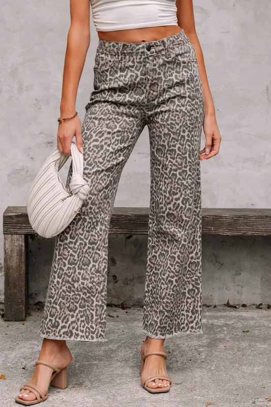 Threaded Pear Brianna Leopard Frayed Edge Wide Leg High Waist Jeans made by Threaded Pear