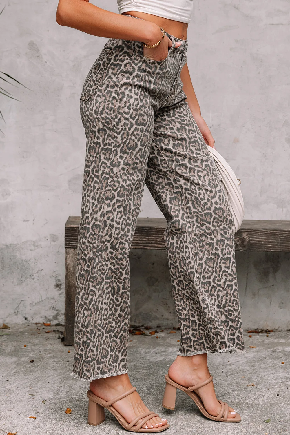 Threaded Pear Brianna Leopard Frayed Edge Wide Leg High Waist Jeans sold by Zulily product image thumbnail 3