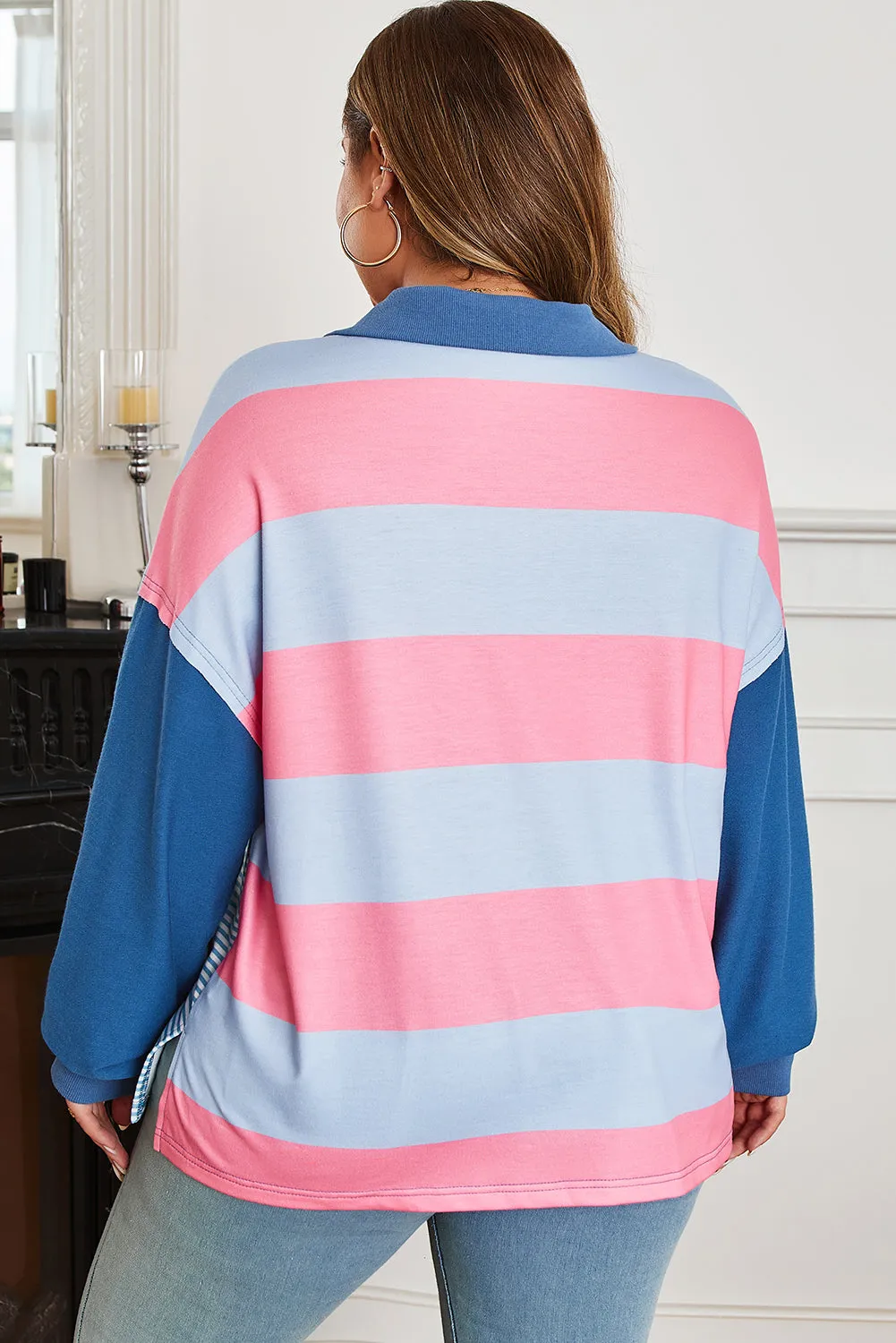 Threaded Pear Blue Stripe Colorblock Patchwork Zip up Plus Size Pullover sold by Zulily product image thumbnail 2