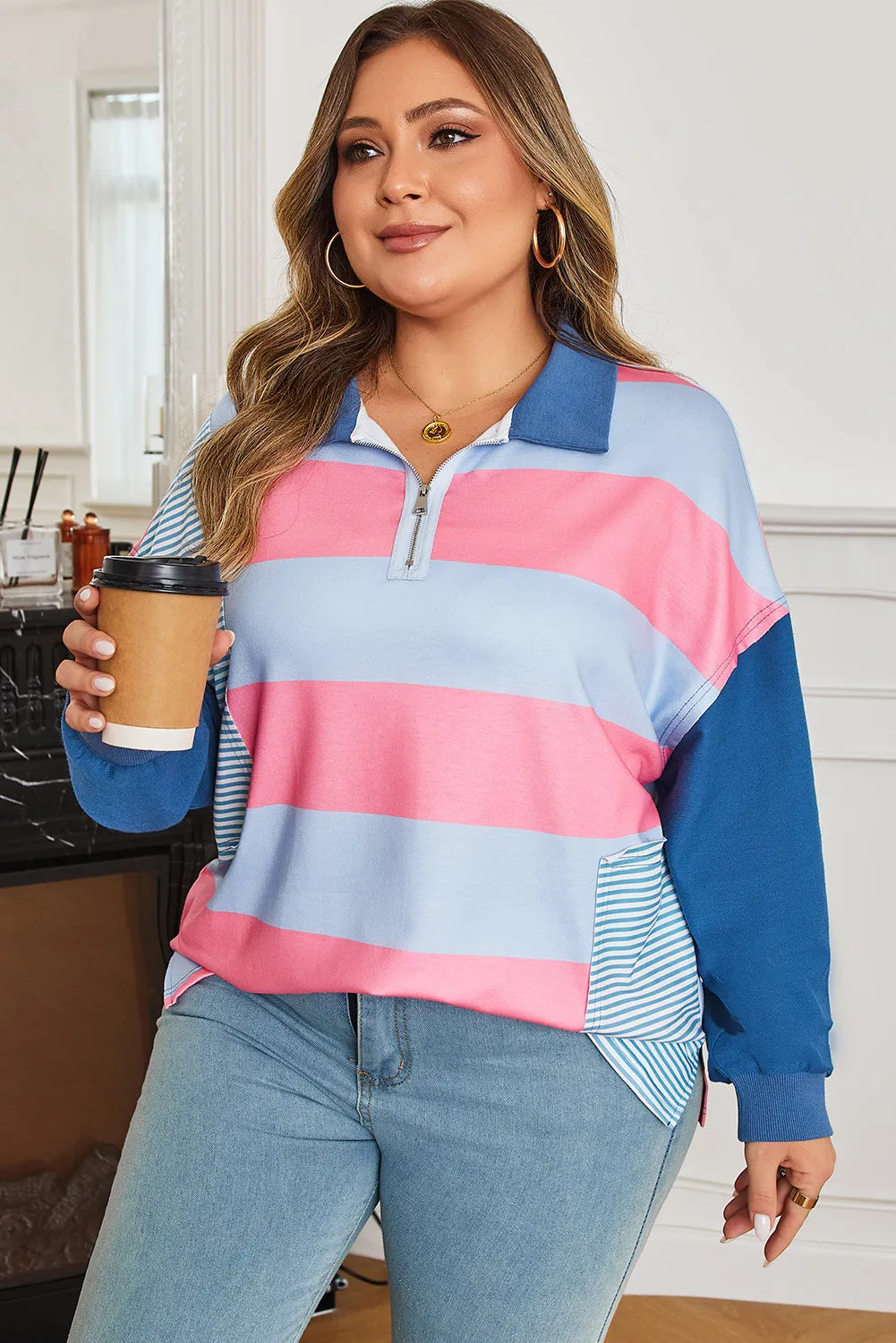 Threaded Pear Blue Stripe Colorblock Patchwork Zip up Plus Size Pullover sold by Zulily product image thumbnail 3