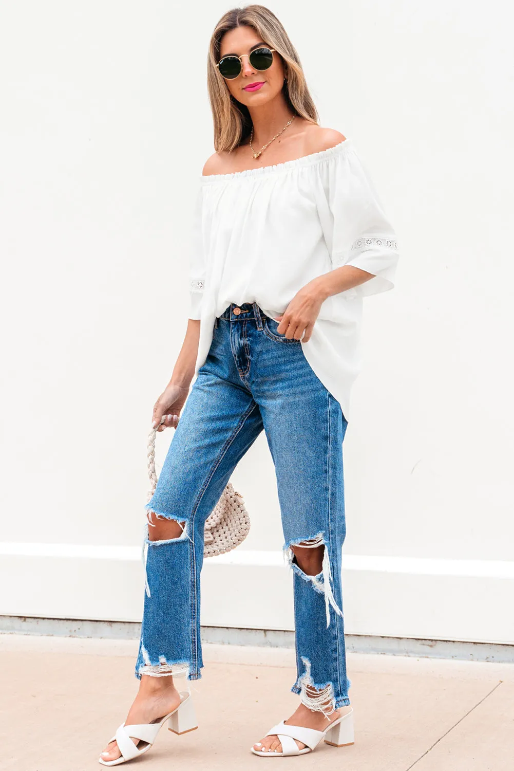 Threaded Pear Bellamy Frilly Off Shoulder Lace Insert Sleeve Textured Blouse sold by Zulily product image thumbnail 4