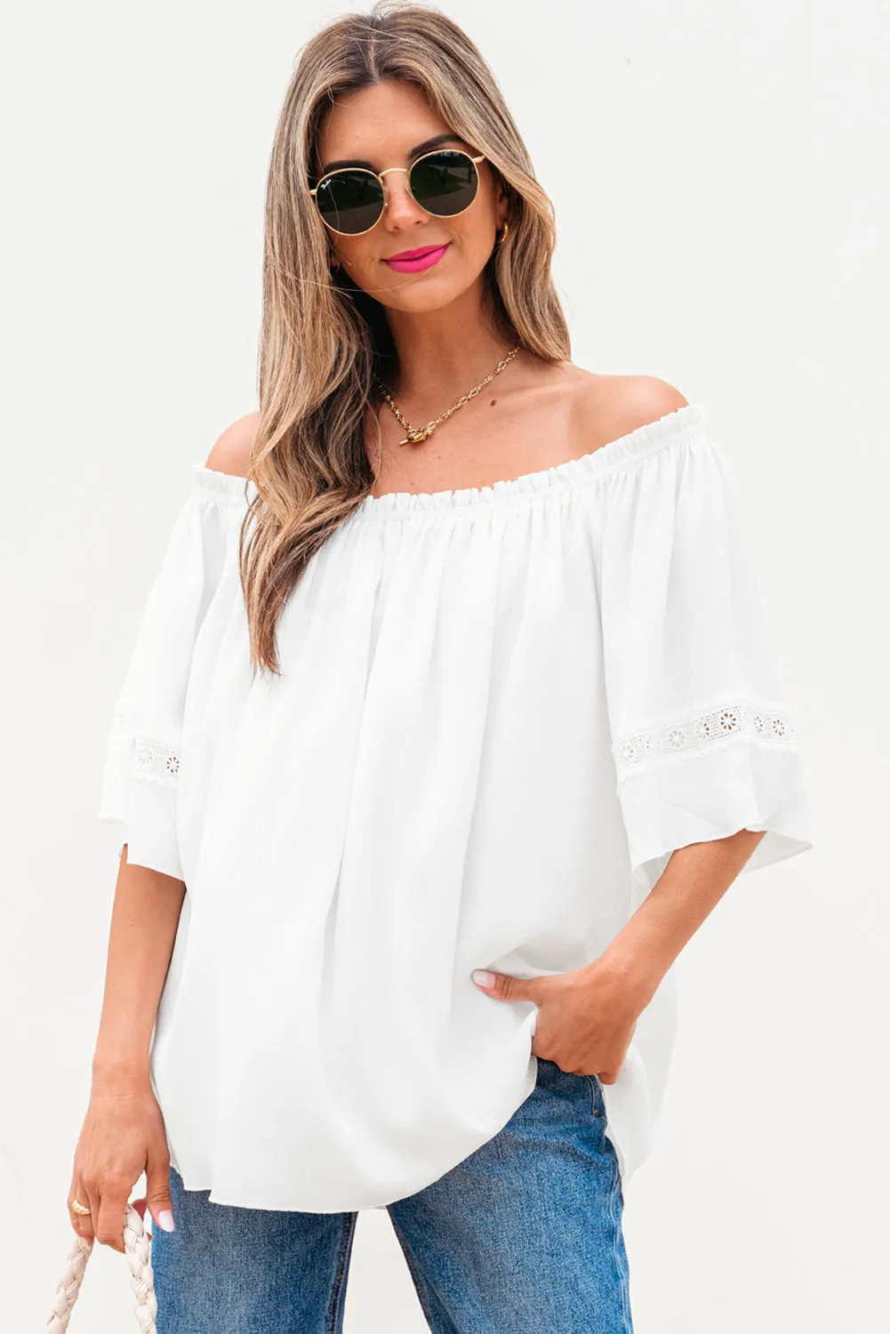 Threaded Pear Bellamy Frilly Off Shoulder Lace Insert Sleeve Textured Blouse sold by Zulily