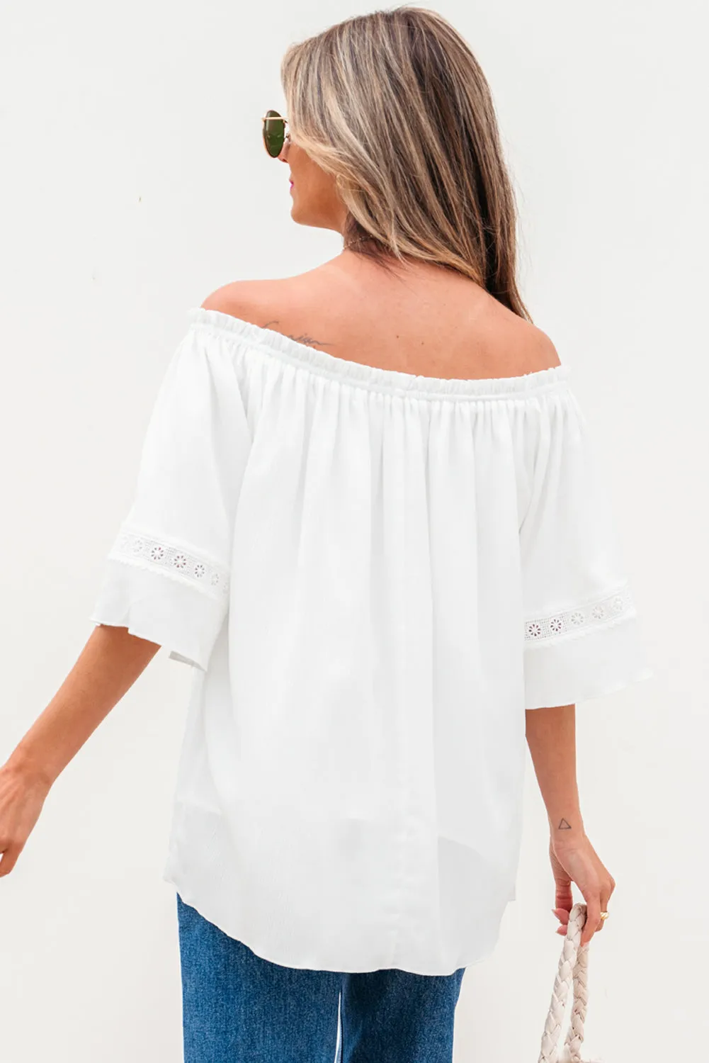Threaded Pear Bellamy Frilly Off Shoulder Lace Insert Sleeve Textured Blouse sold by Zulily product image thumbnail 2