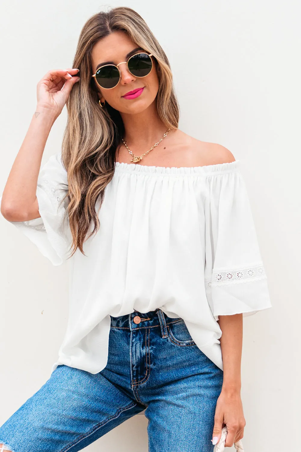 Threaded Pear Bellamy Frilly Off Shoulder Lace Insert Sleeve Textured Blouse sold by Zulily product image thumbnail 3