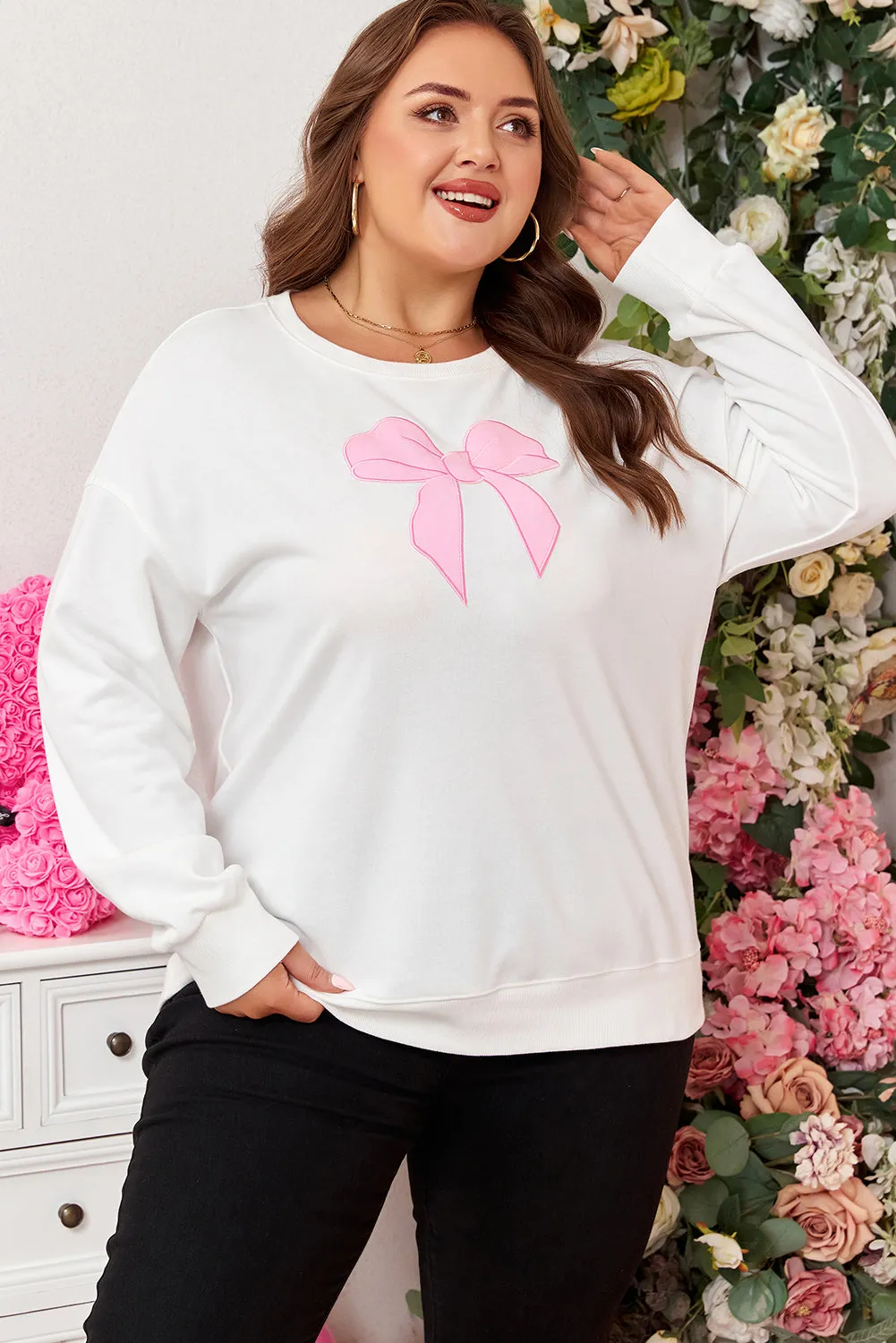 Threaded Pear Beige Big Bow Accent Plus Size Drop Shoulder Sweatshirt sold by Zulily product image thumbnail 3