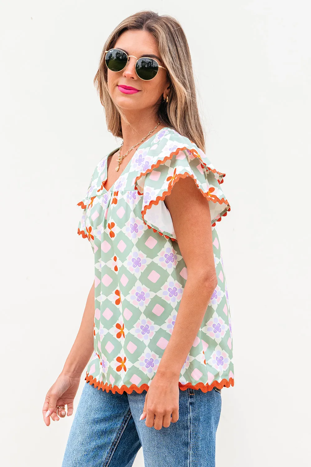 Threaded Pear Belen Floral Layered Flutter Sleeve Rac Trim Blouse sold by Zulily product image thumbnail 3