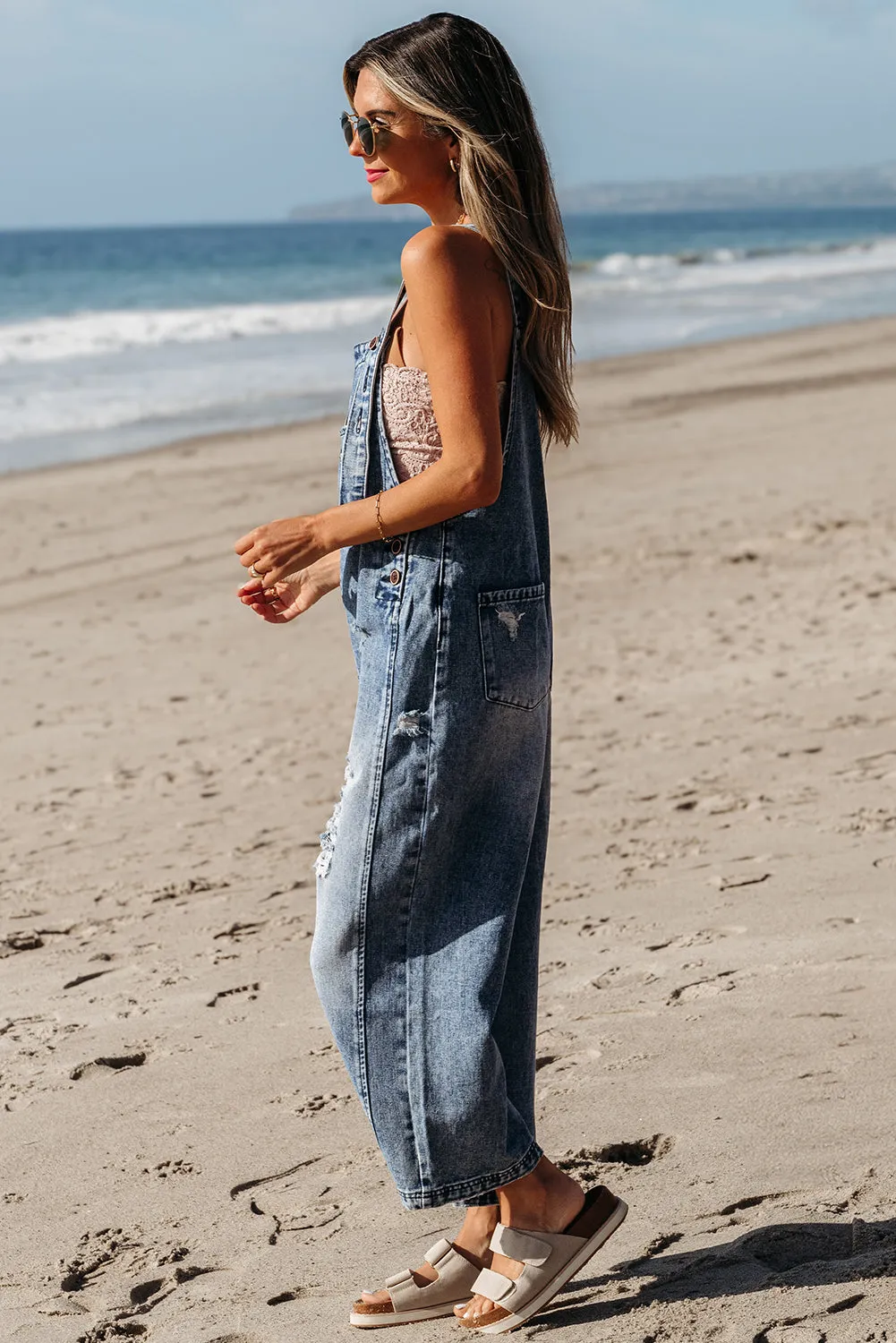 Threaded Pear Baylor Distressed Bib Pocket Wide Leg Denim Overall sold by Zulily product image thumbnail 4