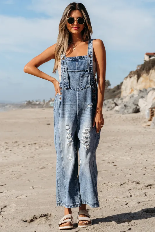 Threaded Pear Baylor Distressed Bib Pocket Wide Leg Denim Overall made by Threaded Pear