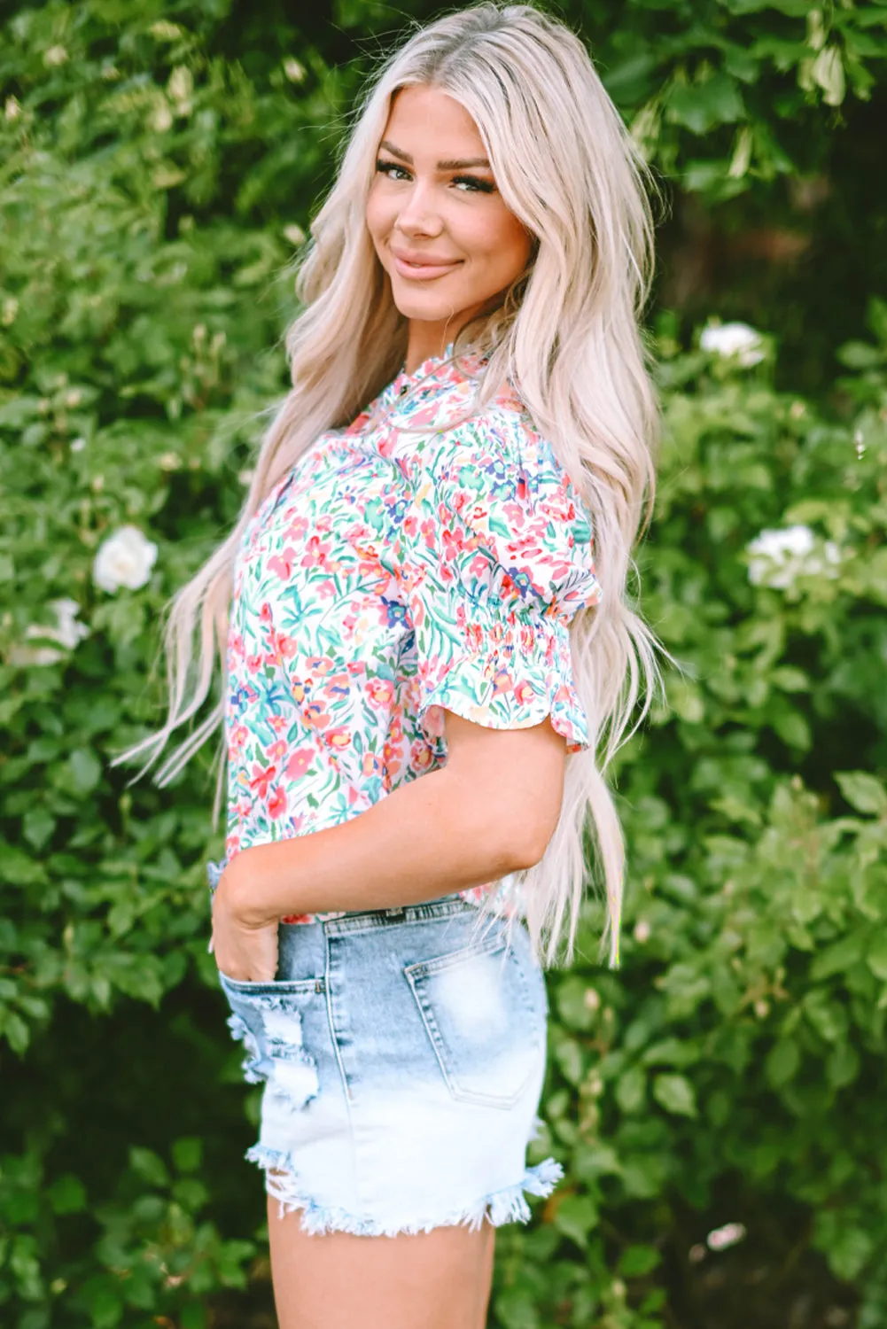 Threaded Pear Azaria Floral Print Button Split Neck Puff Sleeve Blouse sold by Zulily product image thumbnail 3