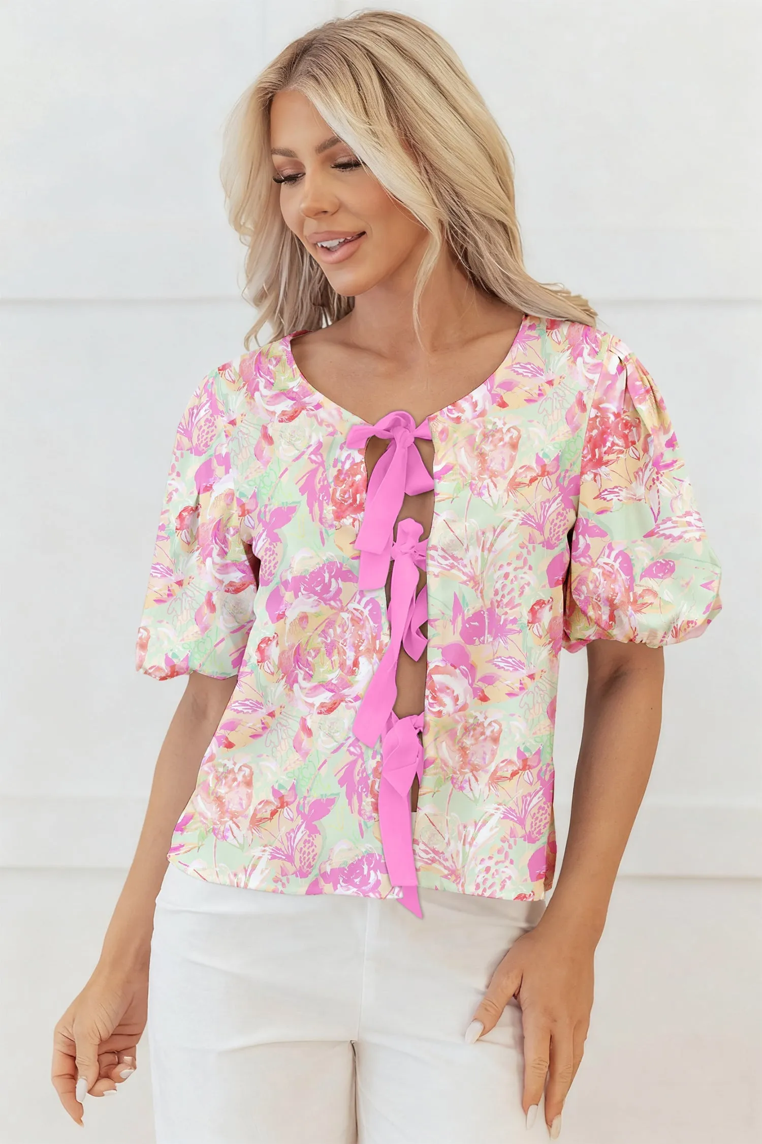 Threaded Pear Ayla Short Puff Sleeve Blouse sold by Zulily