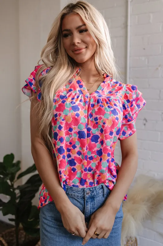 Threaded Pear Arlet Abstract Ruffled Sleeve V Neck Blouse made by Threaded Pear