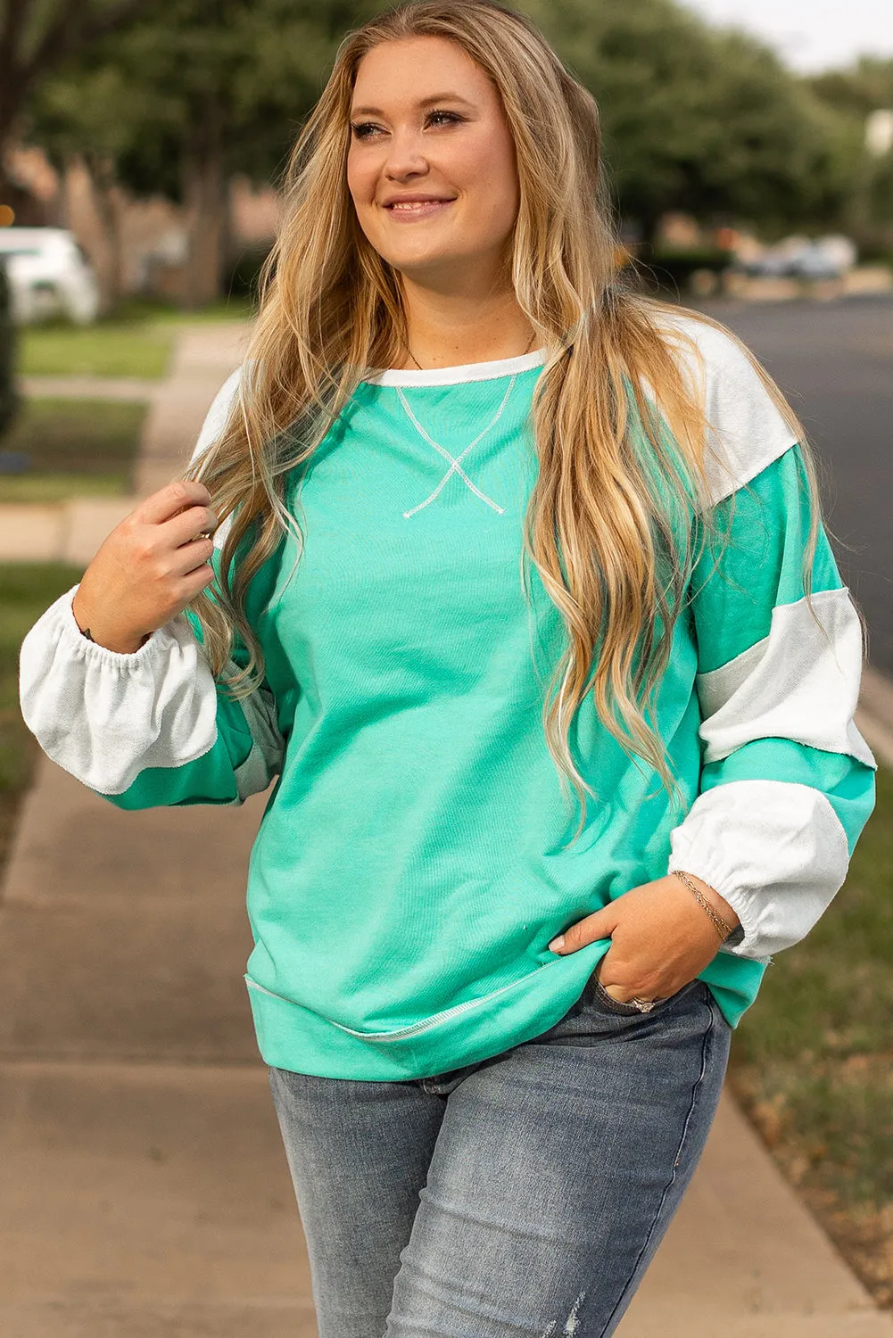 Threaded Pear Aruba Blue Colorblock Patchwork Cross Seam Plus Sweatshirt sold by Zulily product image thumbnail 4