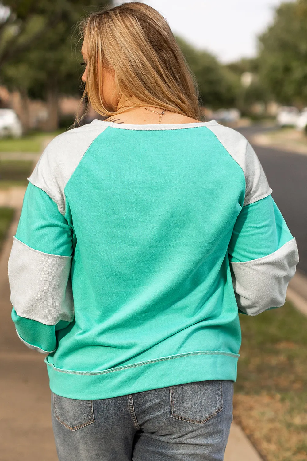 Threaded Pear Aruba Blue Colorblock Patchwork Cross Seam Plus Sweatshirt sold by Zulily product image thumbnail 2