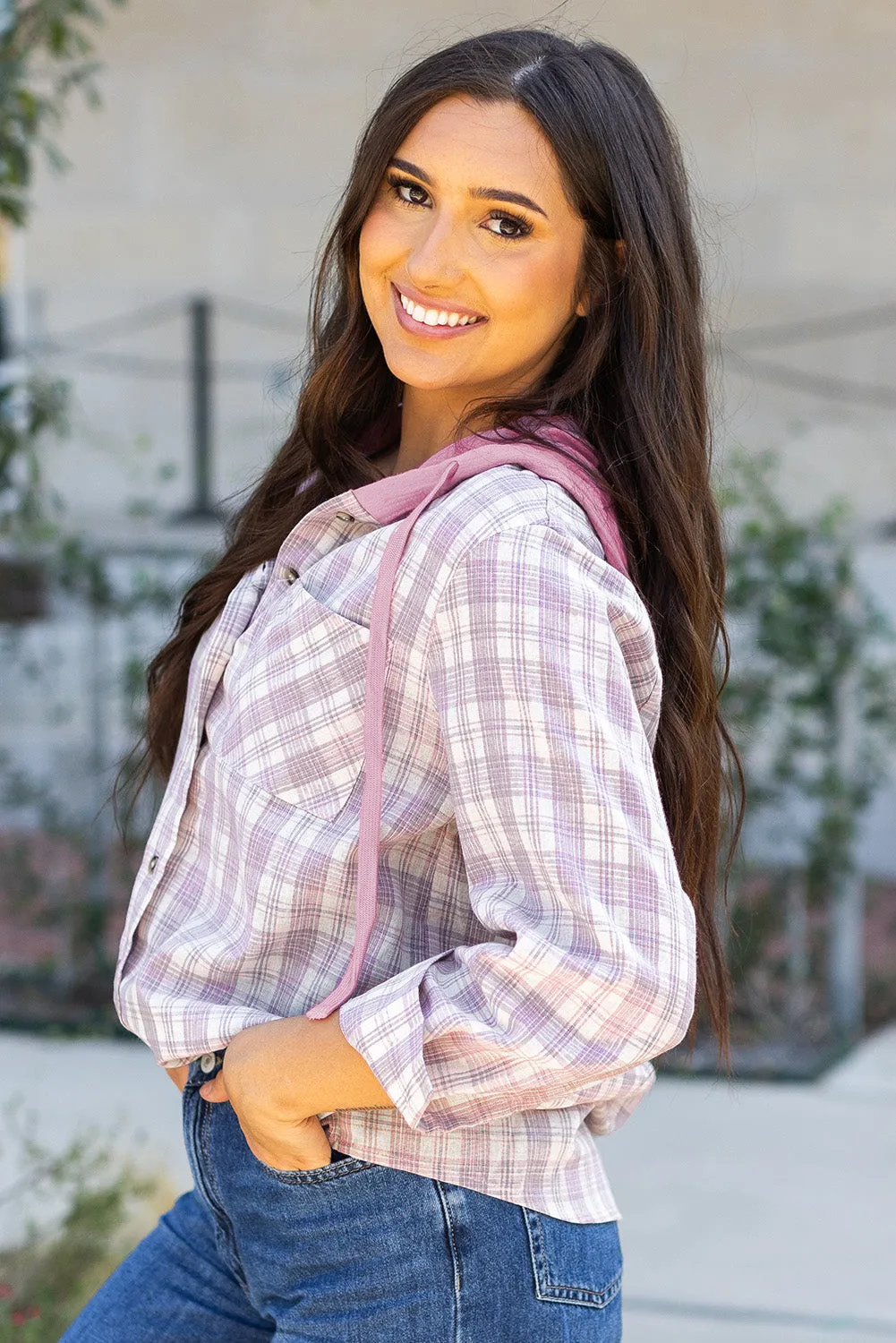 Threaded Pear Ariella Checkered Loose Fit Buttoned Hooded Shacket sold by Zulily product image thumbnail 4