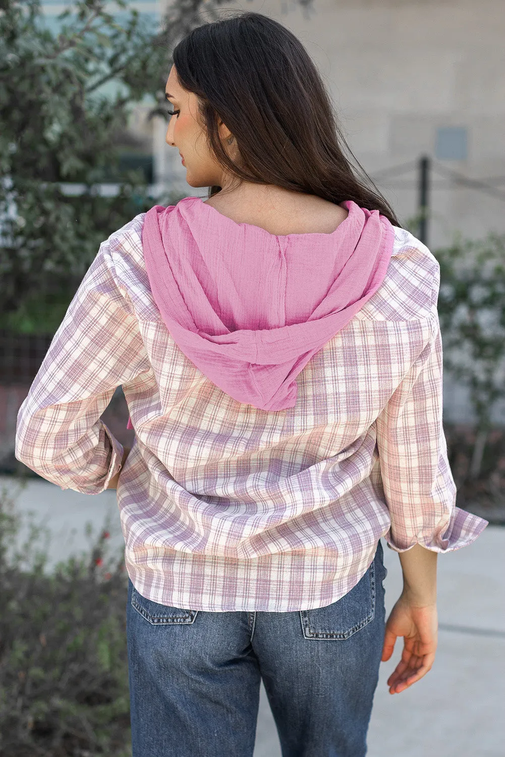 Threaded Pear Ariella Checkered Loose Fit Buttoned Hooded Shacket sold by Zulily product image thumbnail 2