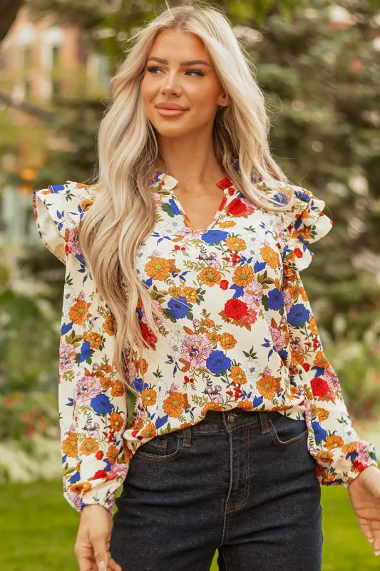 Threaded Pear Apricot Ruffled Shoulder Long Sleeve Floral Blouse made by Threaded Pear