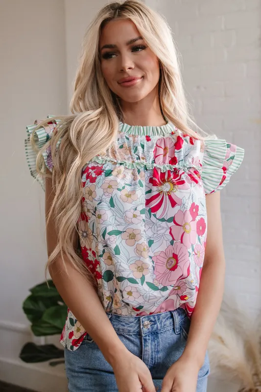 Threaded Pear Anne Floral Ruffle Trim Short Sleeve Blouse made by Threaded Pear