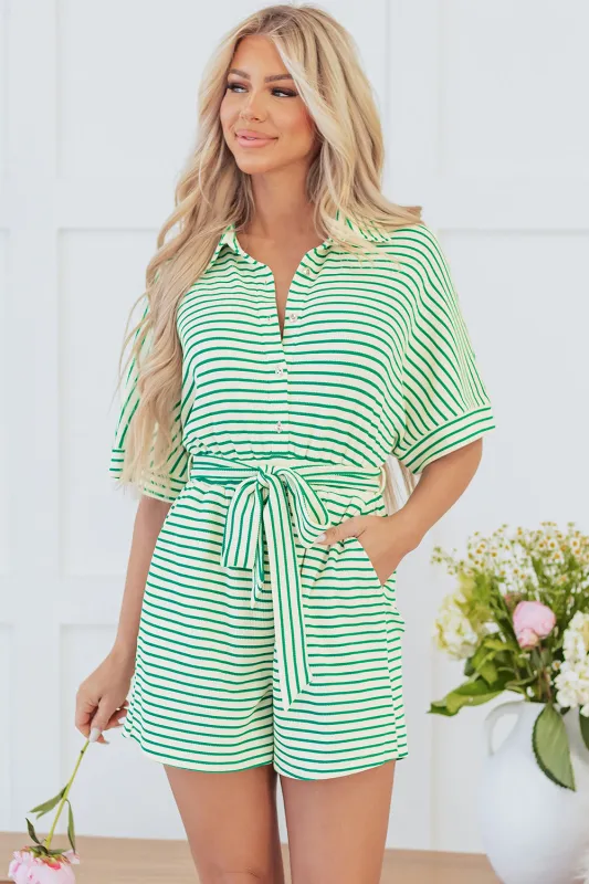 Threaded Pear Annabelle Stripe Buttoned & Tie Romper made by Threaded Pear