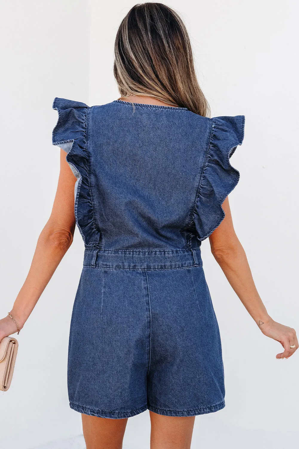 Threaded Pear Amora Denim Ruffled Zipped Front Belted Romper sold by Zulily product image thumbnail 2