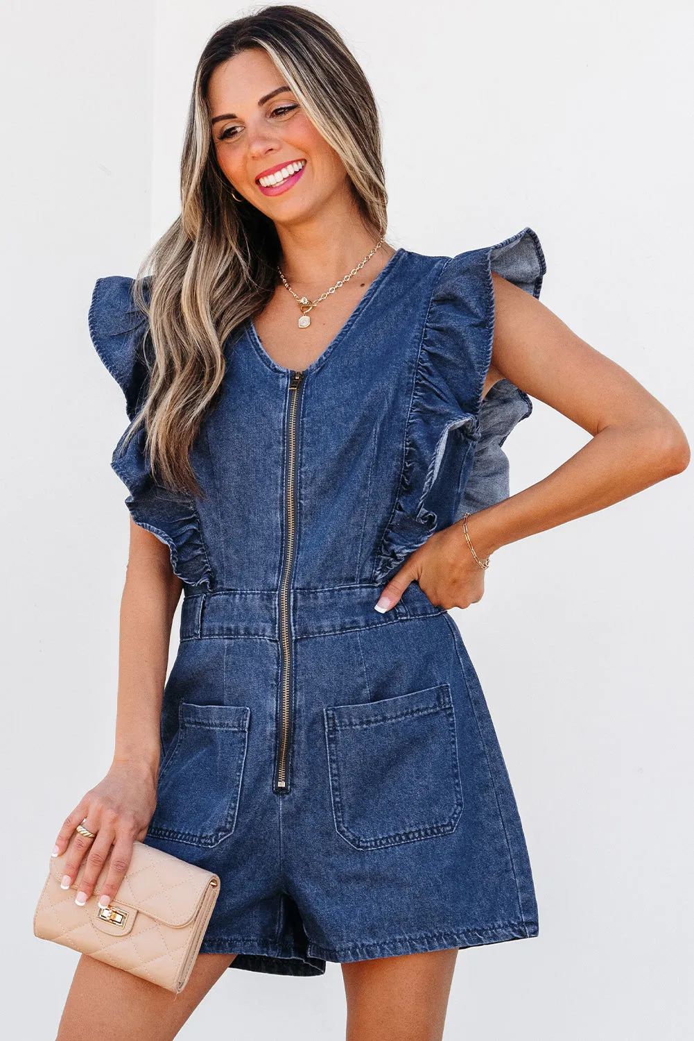 Threaded Pear Amora Denim Ruffled Zipped Front Belted Romper sold by Zulily product image thumbnail 3