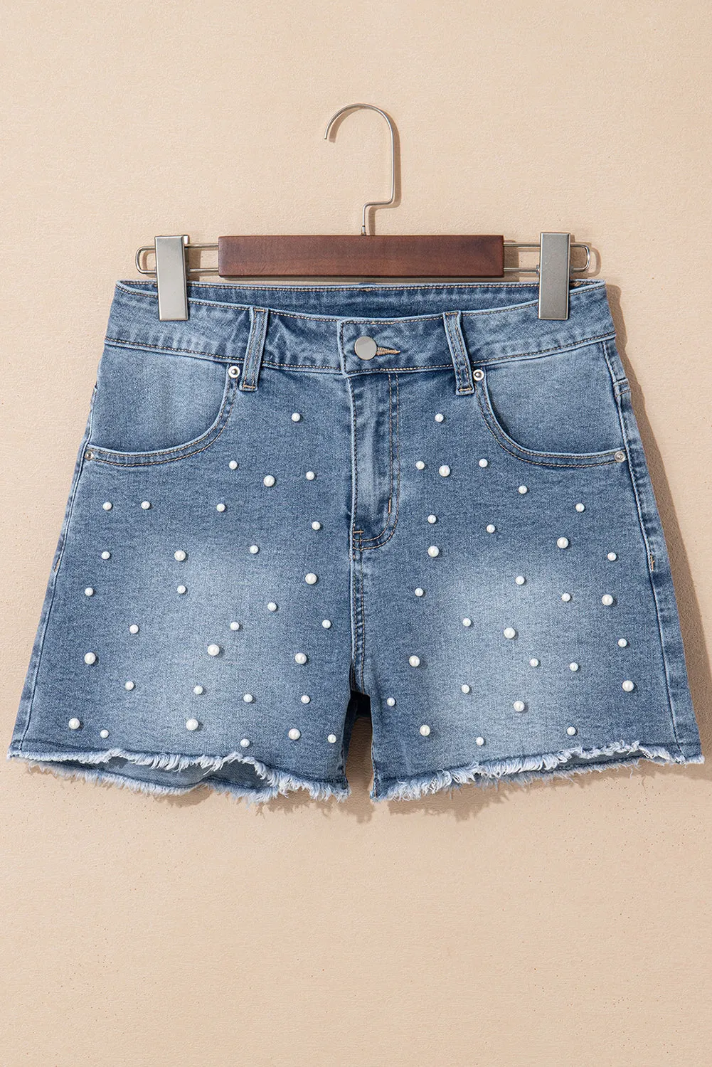 Threaded Pear Amelie Pearl Beaded Raw Hem Medium Wash Denim Shorts sold by Zulily