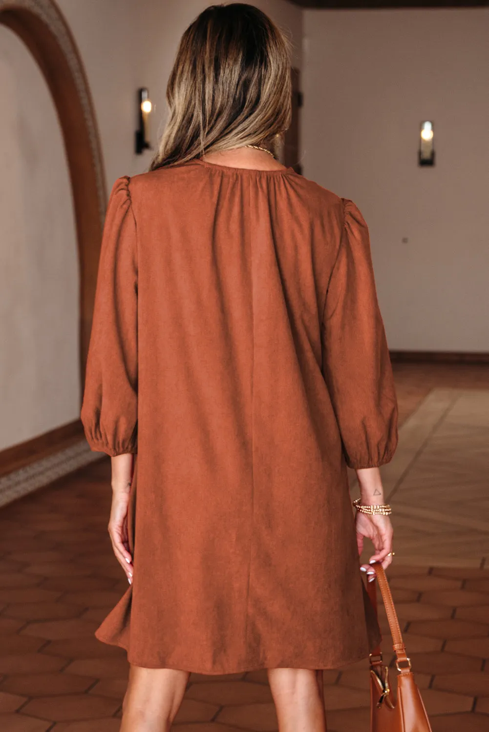 Threaded Pear Alyssa Split Neck Scallop Detail Pleated Corduroy Mini Dress sold by Zulily product image thumbnail 2