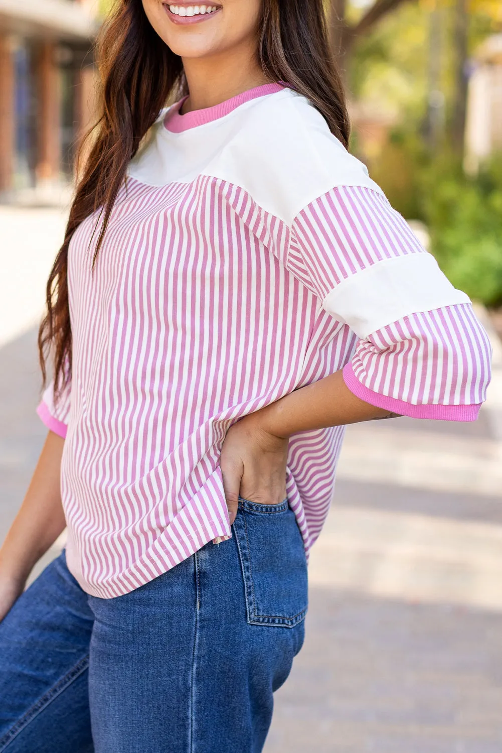 Threaded Pear Aliyah Striped Patchwork 3/4 Sleeve Casual Top sold by Zulily product image thumbnail 3
