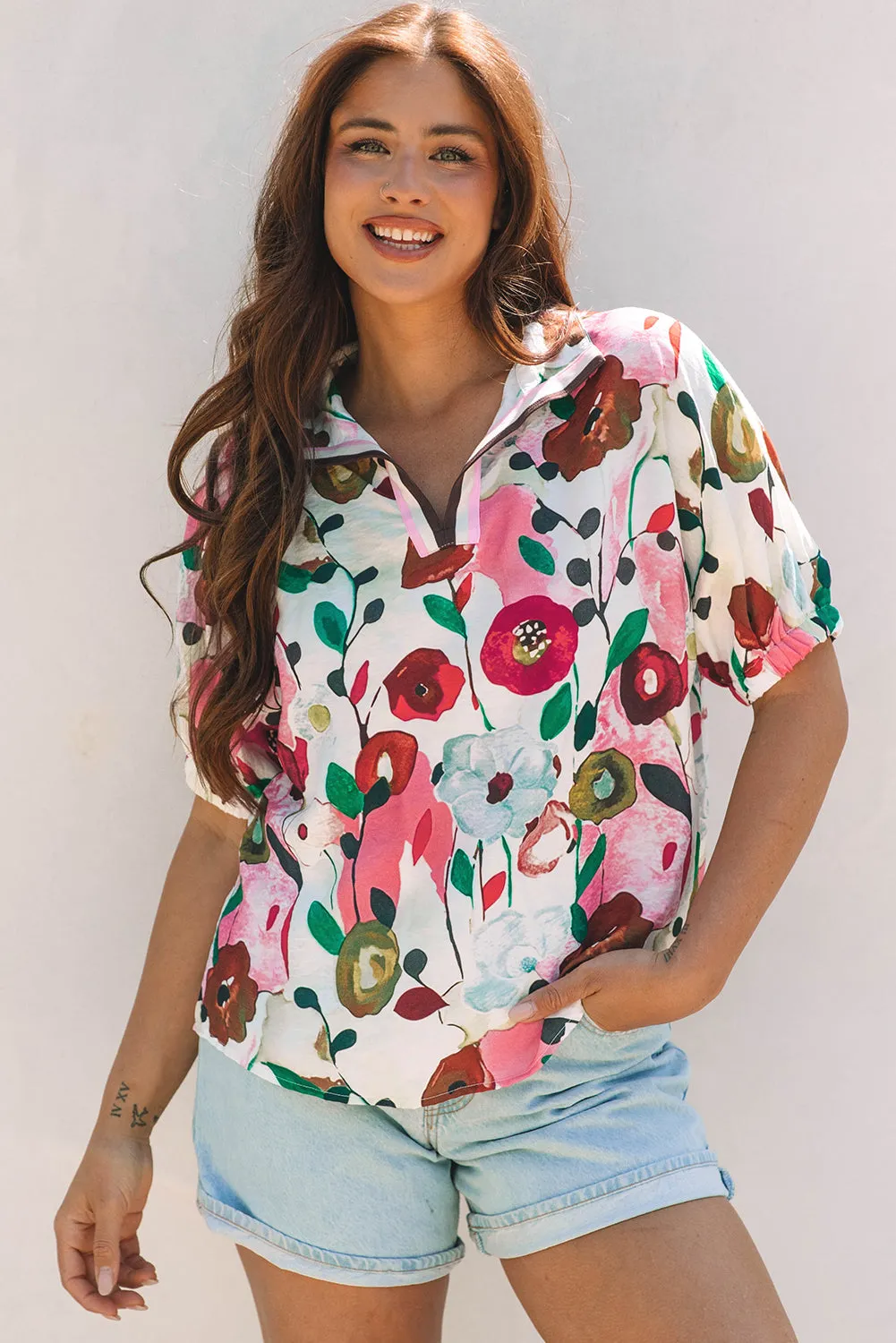 Threaded Pear Adele Floral Slit V Neck Blouse sold by Zulily