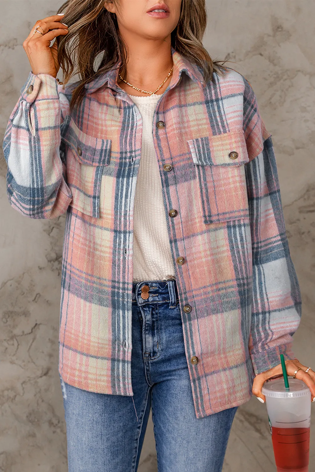 Threaded Pear Addison Plaid Flap Pockets Shacket sold by Zulily