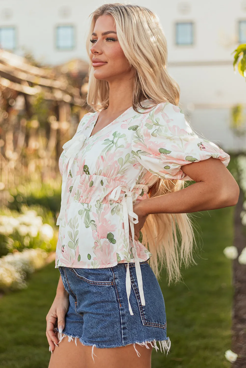 Threaded Pear Alaiya Floral Puff Sleeve V Neck Tied Front Peplum Blouse sold by Zulily product image thumbnail 3