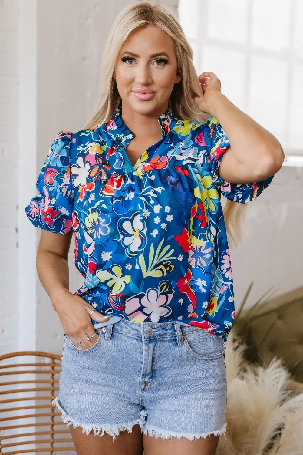 Threaded Pear Ainara Flower Puff Short Sleeve Loose Blouse sold by Zulily product image thumbnail 3