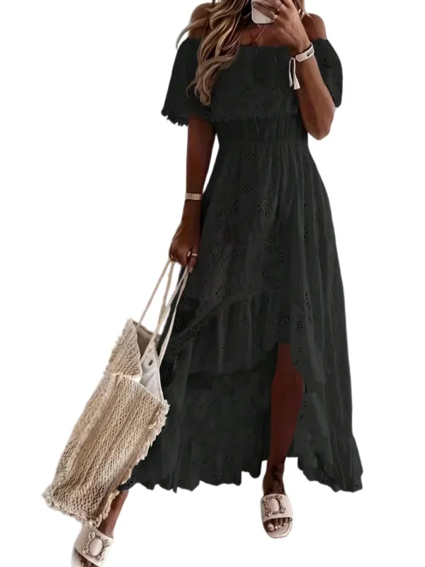 Chic YC Women's Off Shoulder Eyelet Maxi Summer Beach Vacation Boho Dress made by Zulily
